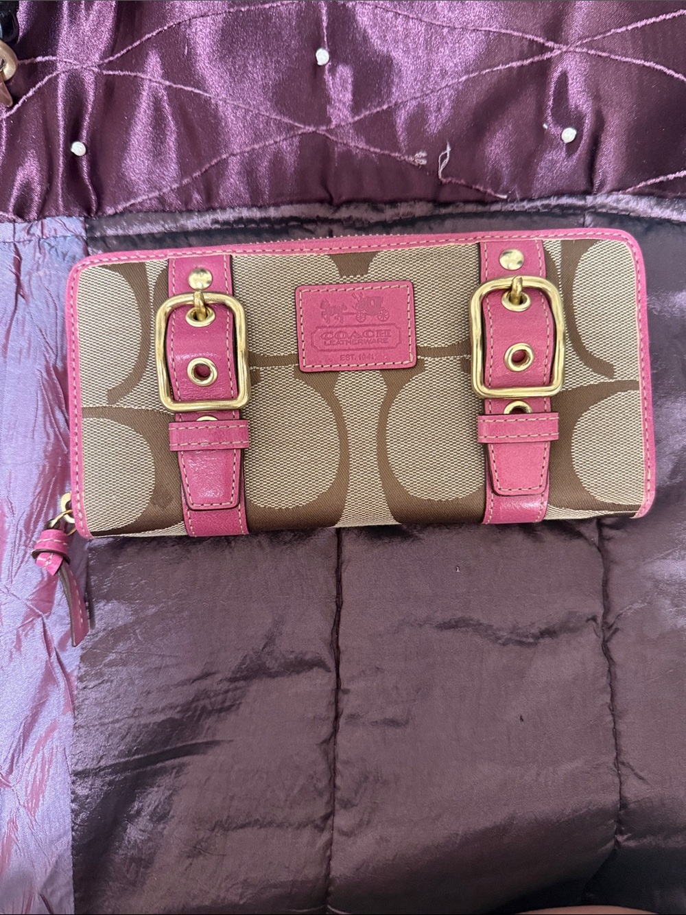 Coach Brown Signature Wallet with Pink Trim and Gold Hardware